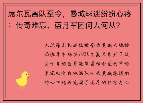 席尔瓦离队至今，曼城球迷纷纷心疼：传奇难忘，蓝月军团何去何从？