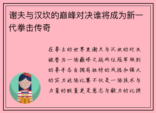 谢夫与汉坎的巅峰对决谁将成为新一代拳击传奇